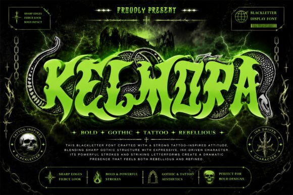 Kelmora: Bold Psychedelic Blackletter Display Font